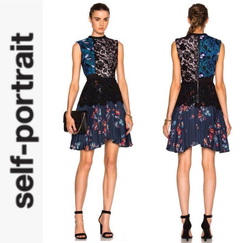 Self-Portrait Nina Floral-Lace Pleated Cocktail Dress US 4